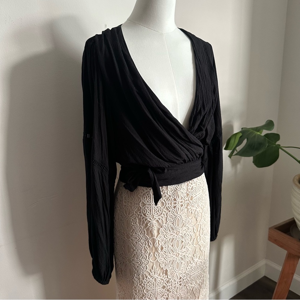 Free People Black Boho Wrap Blouse with Bell Sleeves Size S